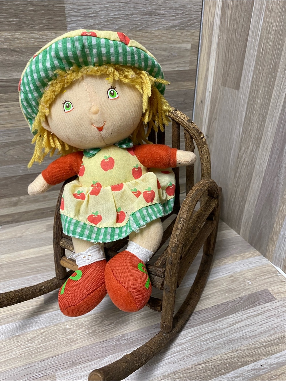 Strawberry shortcake vintage Apple Dumpling plush doll mini doll wooden rocker